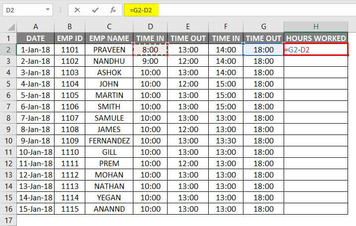 Timesheet in Excel Example 1-2