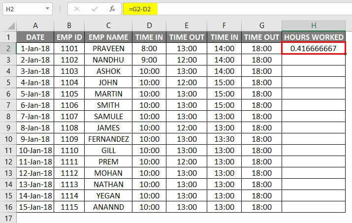 Timesheet in Excel Example 1-3