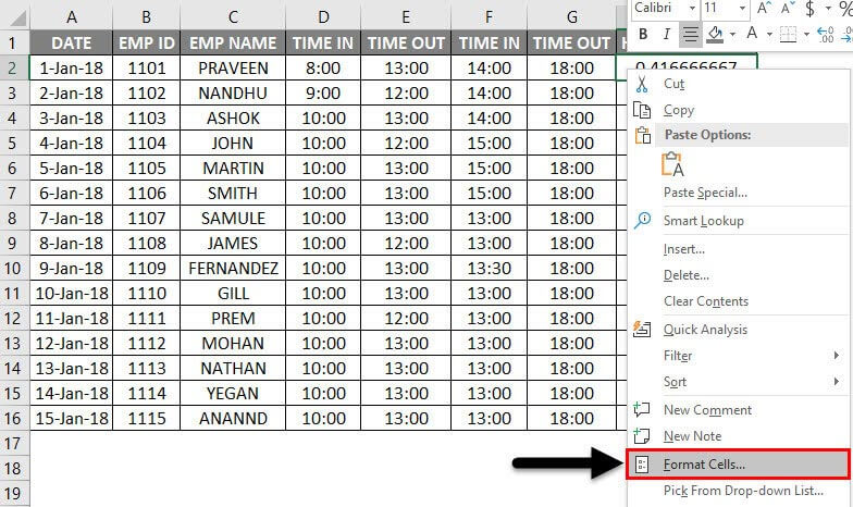 Timesheet in Excel Example 1-4