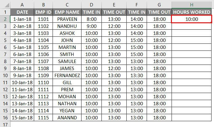 Timesheet in Excel Example 1-6