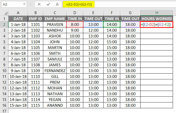 Timesheet in Excel Example 1-7