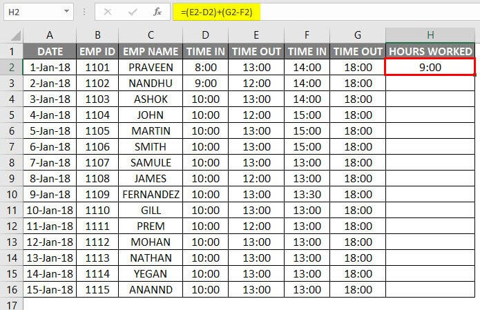 Timesheet in Excel Example 1-8