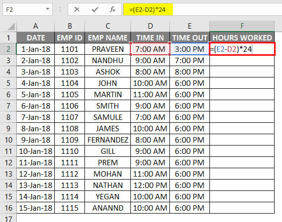 Timesheet in Excel Example 2-4