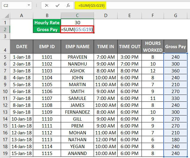 Timesheet in Excel Example 3-5