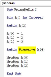 VBA ReDim Example 1-7
