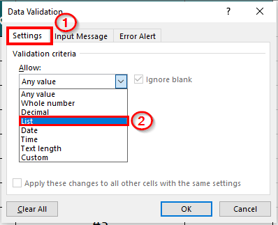 drop-down of Allow 