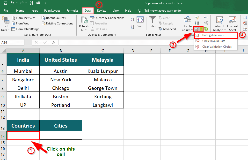 Drop Down List in Excel-Data Tools group 