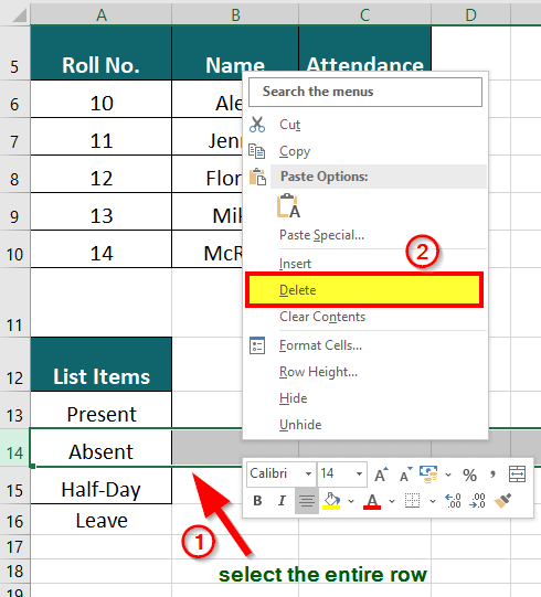 Right-click the selected row