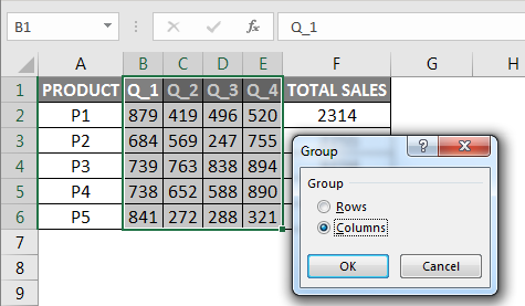 Grouping Excel dialog box