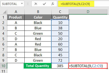SUBTOTAL Formula in Excel example 1-2