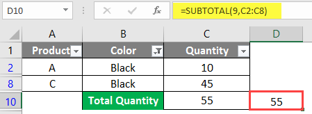 SUBTOTAL Formula in Excel example 1-9
