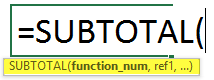 Subtotal excel syntax