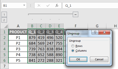 Ungrouping Columns in Excel dialogue box