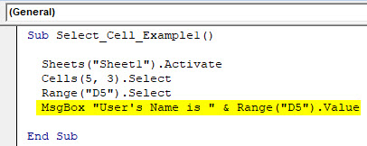 VBA Select Cell Example 1-6