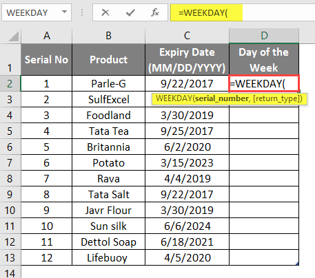 WEEKDAY Formula in excel example 1-3