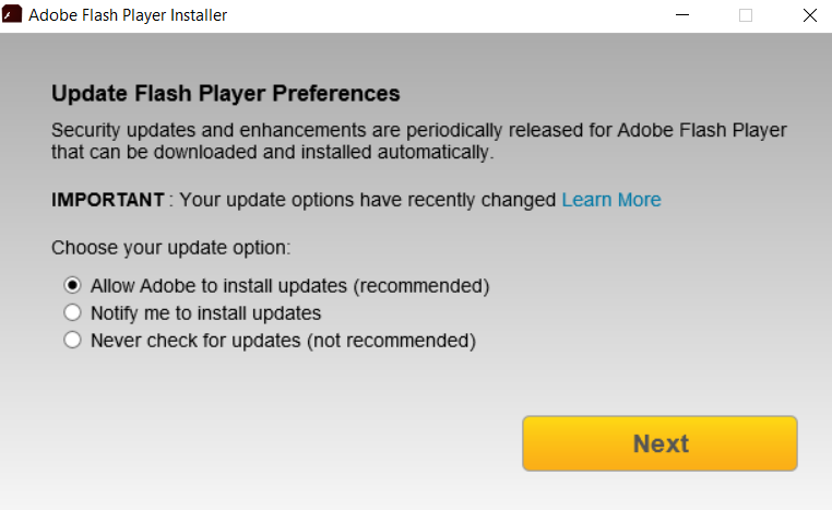  three update options in window(Install Flash)