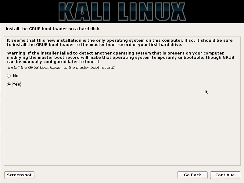 Kali Linux - install GRUB