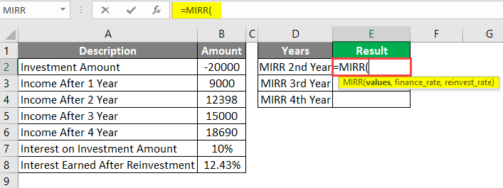 MIRR formula in excel example 1-1