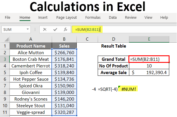 calculations in excel