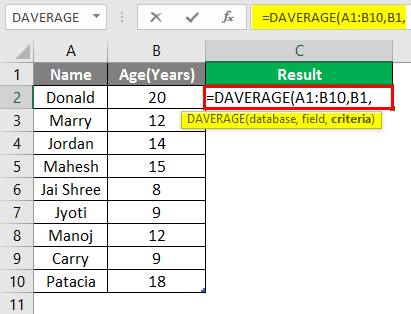 database function in excel example 1-5