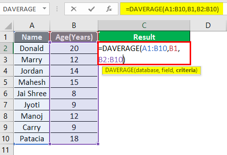 database function in excel example 1-6
