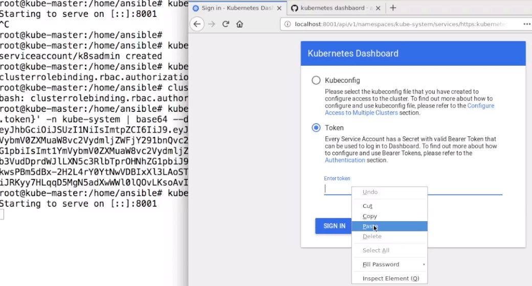 token and paste it under the token button(Install Kubernetes Dashboard)