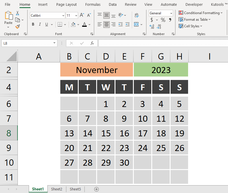 Calendar in Excel result