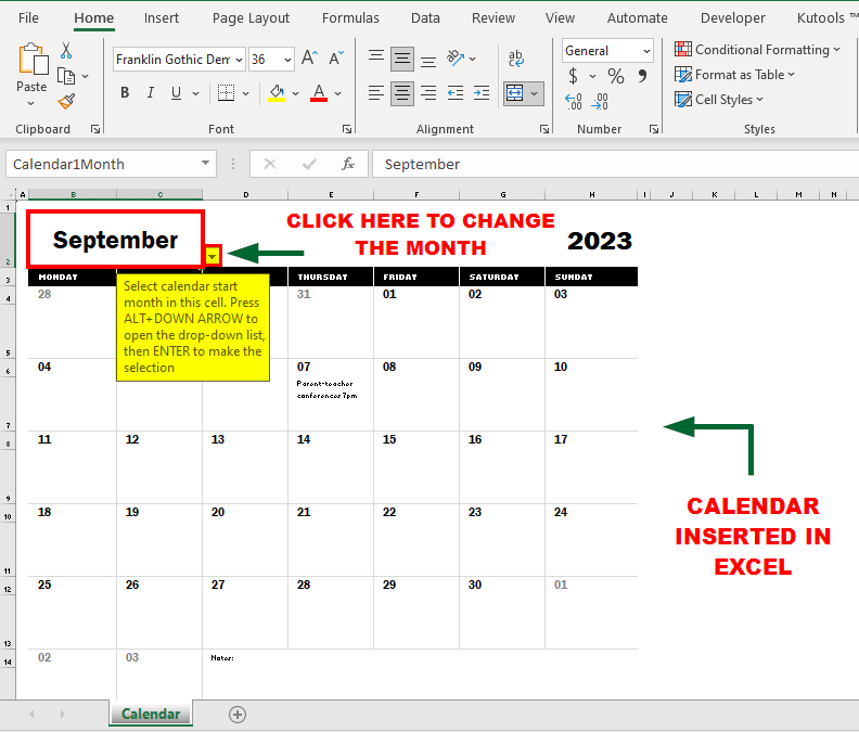 Insert Calendar in Excel-Calendar result
