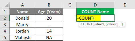 Count Names in Excel example 1.3