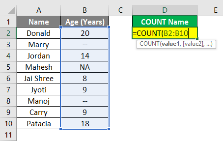 Count Names in Excel example 1.4