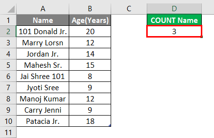 Count Names in Excel example 2.6