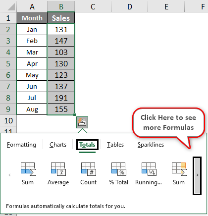 Excel Quick Analysis tool Formula