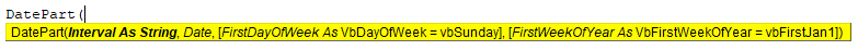Syntax of VBA DatePart 