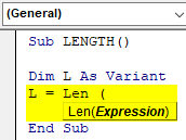VBA length of String Example 2.3