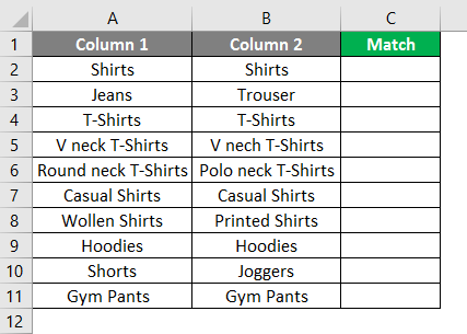 matching column in excel example 1-1
