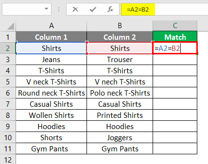 matching column in excel example 1-2