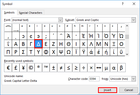Delta Symbol in Excel 1.4