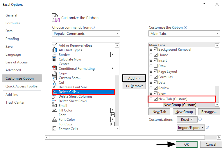 Excel Options -customize ribbon 1
