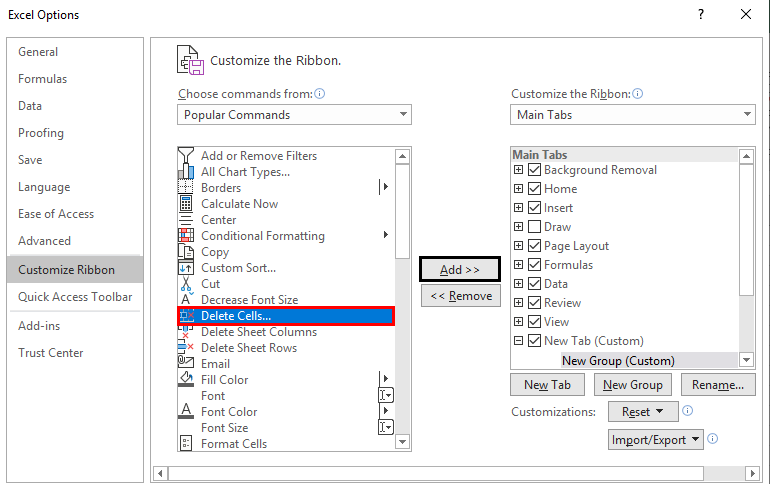Excel Options -customize ribbon