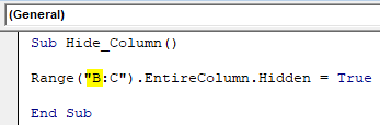 VBA Hide Columns Example 1-11