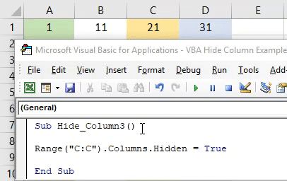 VBA Hide Columns Example 3-6
