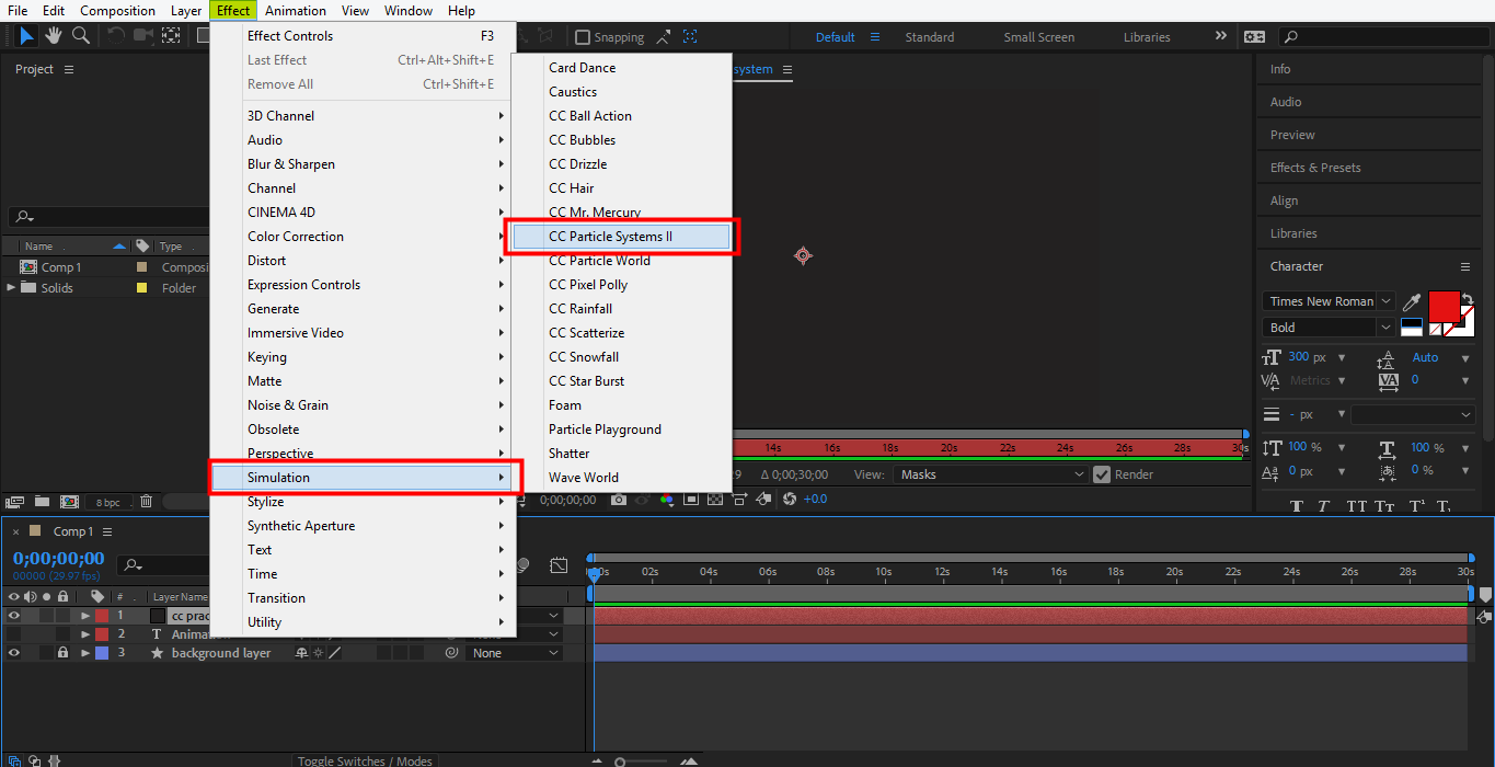 select simulation option in after effects