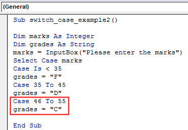 VBA Switch Case Example 2-7