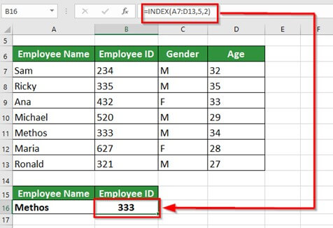 INDEX function in excel-step 7