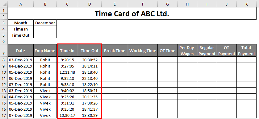 Time Card template in excel 1-6
