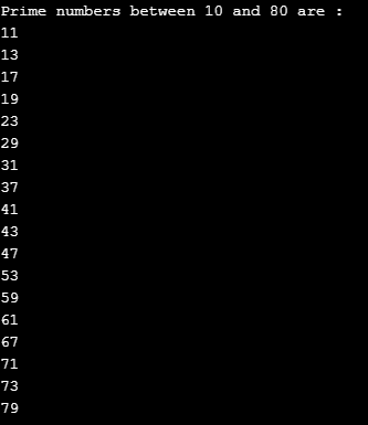 Prime Numbers between 10 & 80