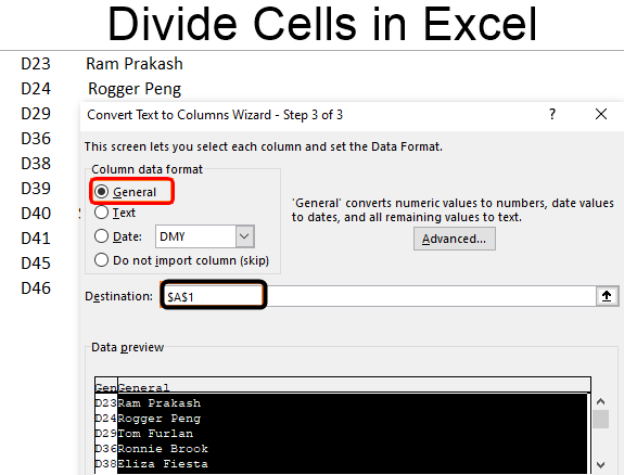 Divide cells in Excel