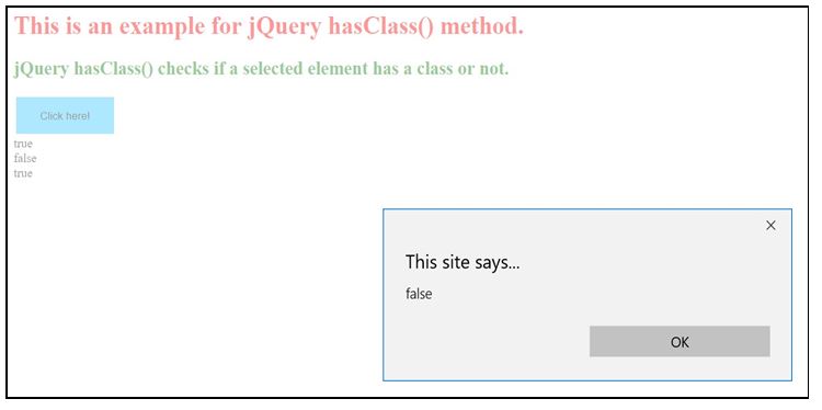 alert box pops up stating a message “false”