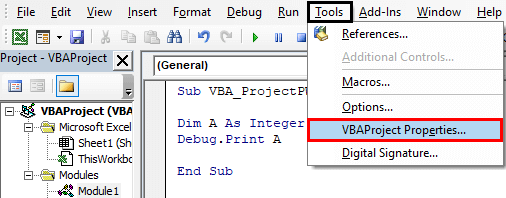 VBA Project properties Example 1-5