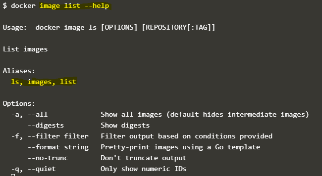 Docker list images Syntax